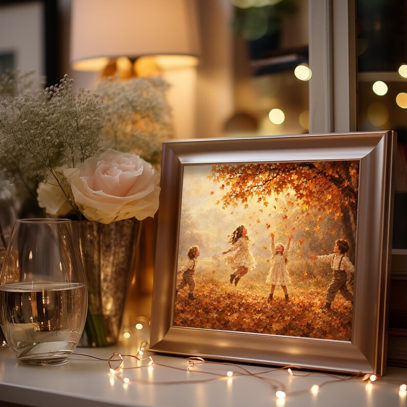 Autumn leaves swirling around children digital print for playroom — timeless vintage farmhouse scene with pastoral countryside mood