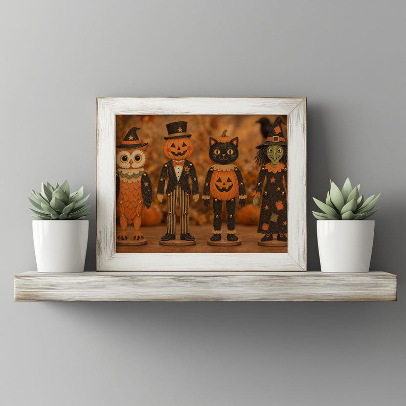 Four articulated Halloween paper dolls printable art featuring owl, pumpkin man, cat, and witch — spooky-cute vintage folk art