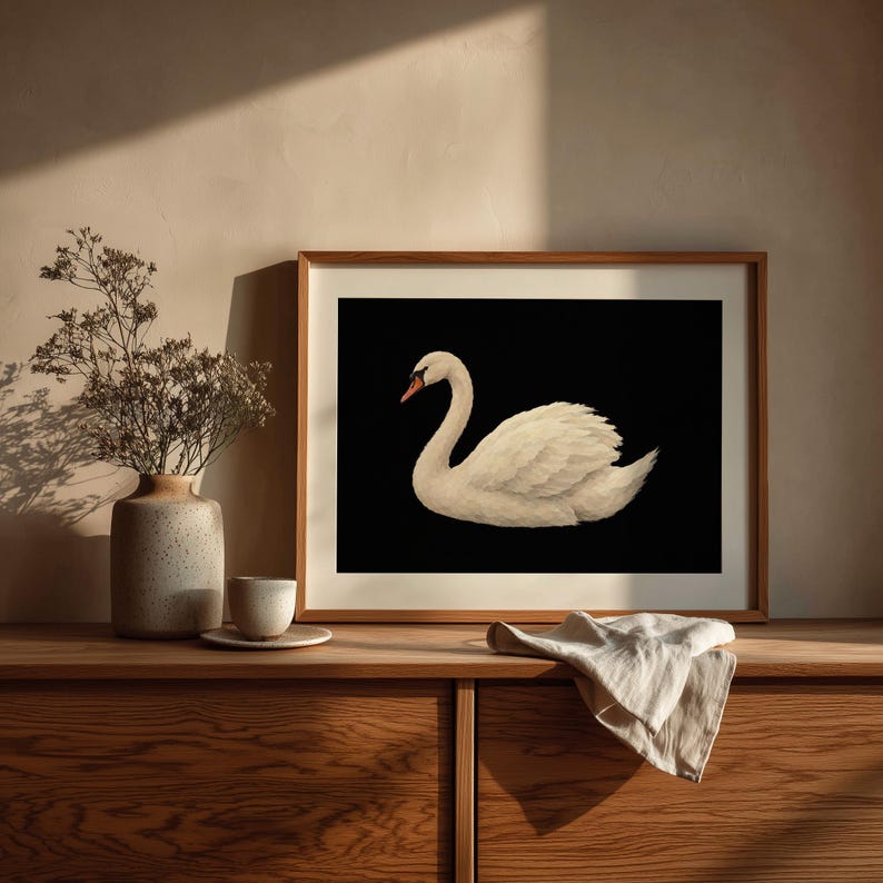 White swan painting printable art for living room — elegant bird illustration with black background
