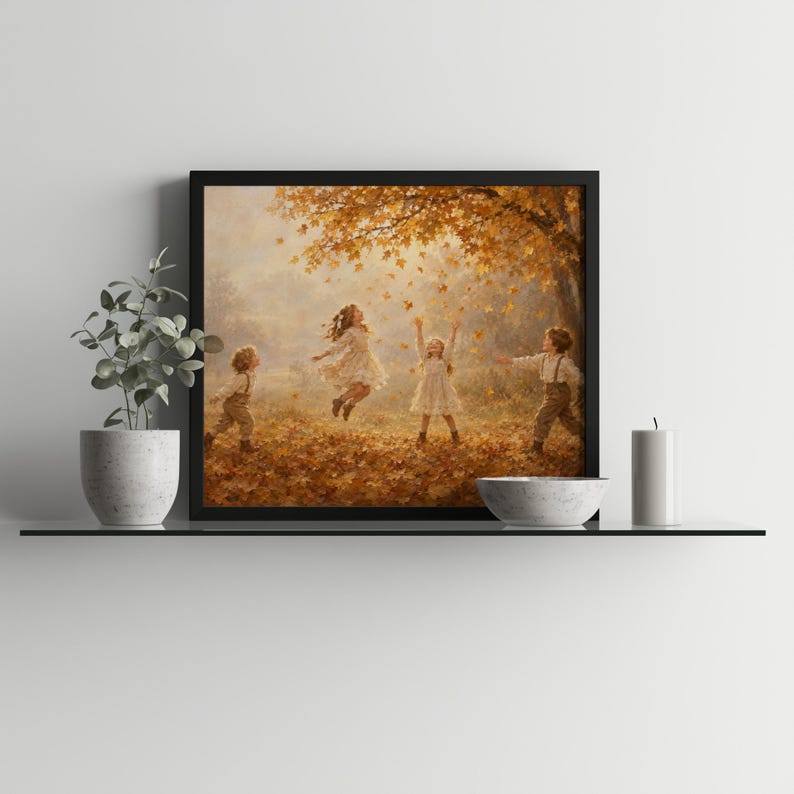 Children beneath canopy of maple tree printable picture for playroom — dreamy seasonal artwork with cottage aesthetic and rustic appeal
