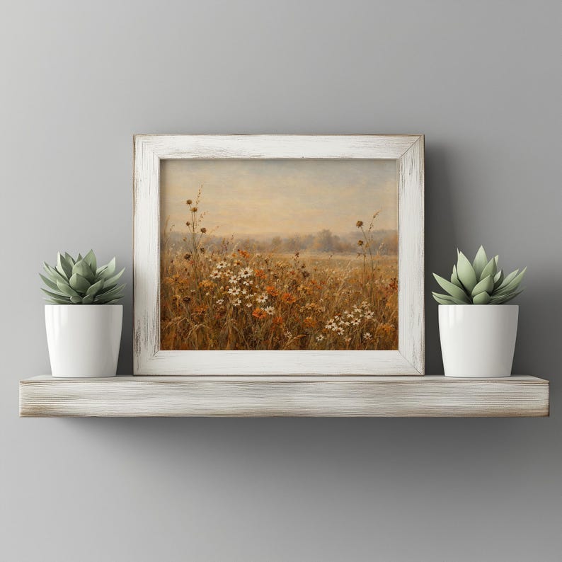 Autumn meadow picture for farmhouse decor — textured vintage painting with swaying grasses and hazy background