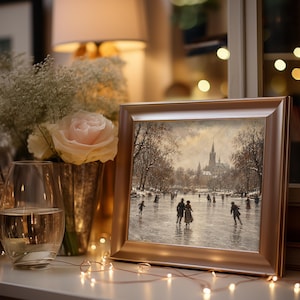 Cozy holiday artwork poster for family room — antique winter pond landscape with soft gray-blue tones