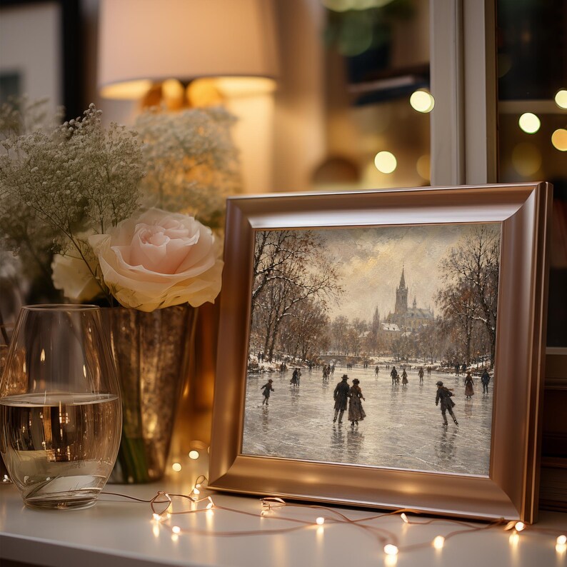 Cozy holiday artwork poster for family room — antique winter pond landscape with soft gray-blue tones