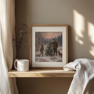 Cozy forest holiday scene wall art — nostalgic vintage-style painting of generational bond during festive season in snowy woods
