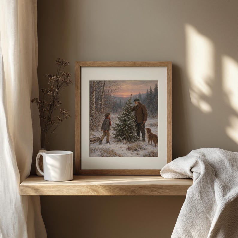 Cozy forest holiday scene wall art — nostalgic vintage-style painting of generational bond during festive season in snowy woods