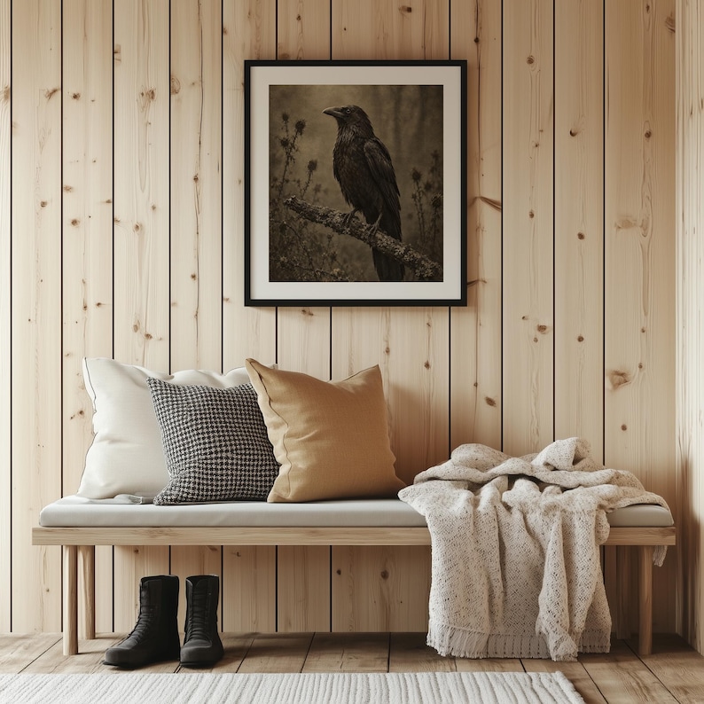 Vintage black bird picture for spooky wall decor — antique grain texture with dried thistle branches and misty background
