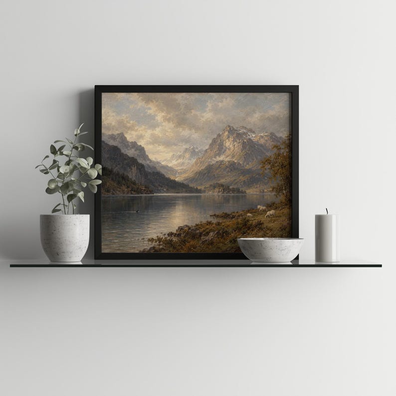 Mountain lake scenic wall picture with atmospheric clouds and golden hour glow — serene countryside art