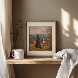 Country village architecture print downloadable art — muted palette countryside evening mood