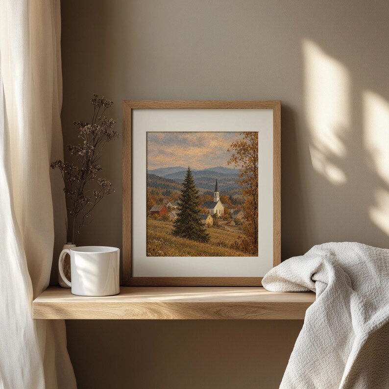 Country village architecture print downloadable art — muted palette countryside evening mood
