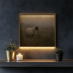 Country sheep printable for dining room — vintage landscape artwork with wildflowers and haze