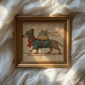 Cozy holiday hound artwork — dachshund in striped hat and scarf with wrapped gift boxes