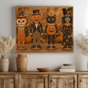 Folk-art Halloween doll characters wall print for den — muted palette featuring owl, witch, pumpkin man, and black cat