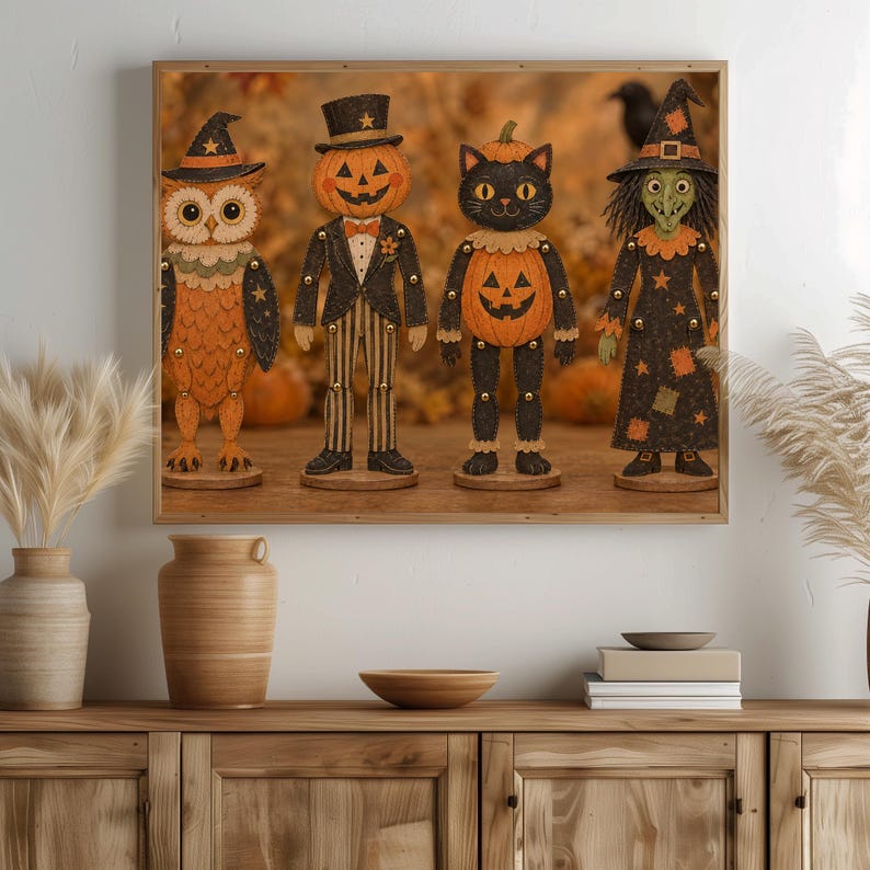 Folk-art Halloween doll characters wall print for den — muted palette featuring owl, witch, pumpkin man, and black cat