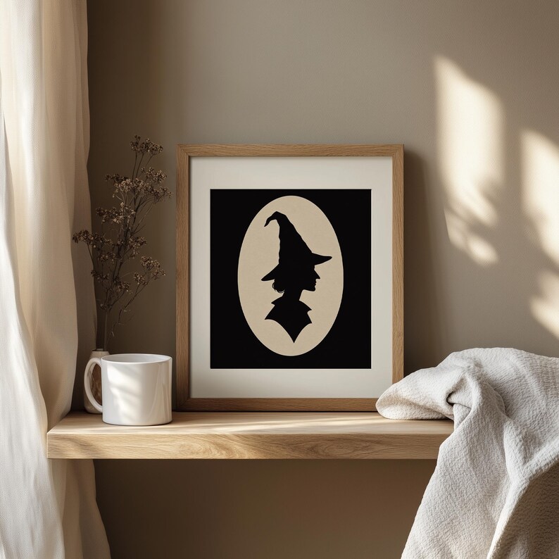 October spirit cameo picture for bedroom — vintage-style black silhouette wall art with haunting profile aesthetic