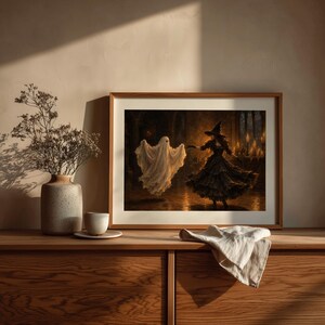 Ghostly figure dancing with magic-user wall art instant download — vintage gothic print for Halloween with textured classical brushwork and theatrical lighting
