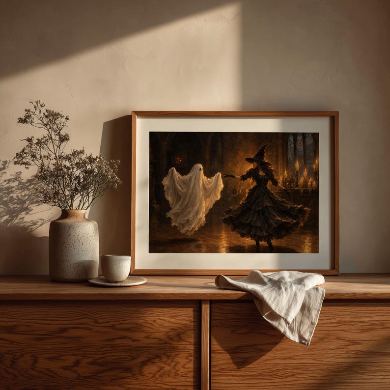 Ghostly figure dancing with magic-user wall art instant download — vintage gothic print for Halloween with textured classical brushwork and theatrical lighting