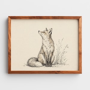 Fox sitting portrait wall art printable — fine-detailed linework on aged background ideal for gallery walls