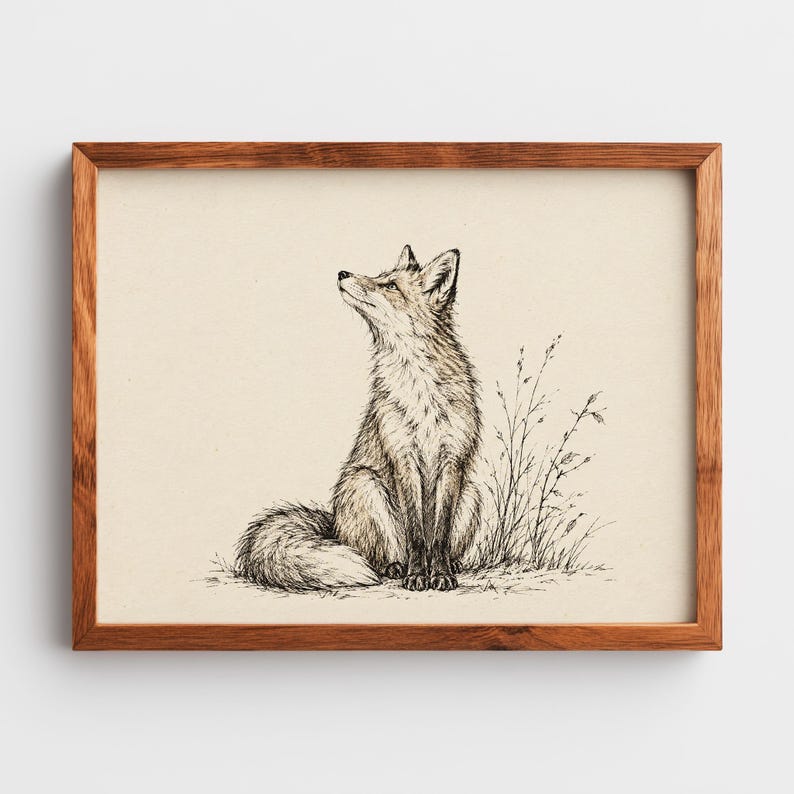Fox sitting portrait wall art printable — fine-detailed linework on aged background ideal for gallery walls