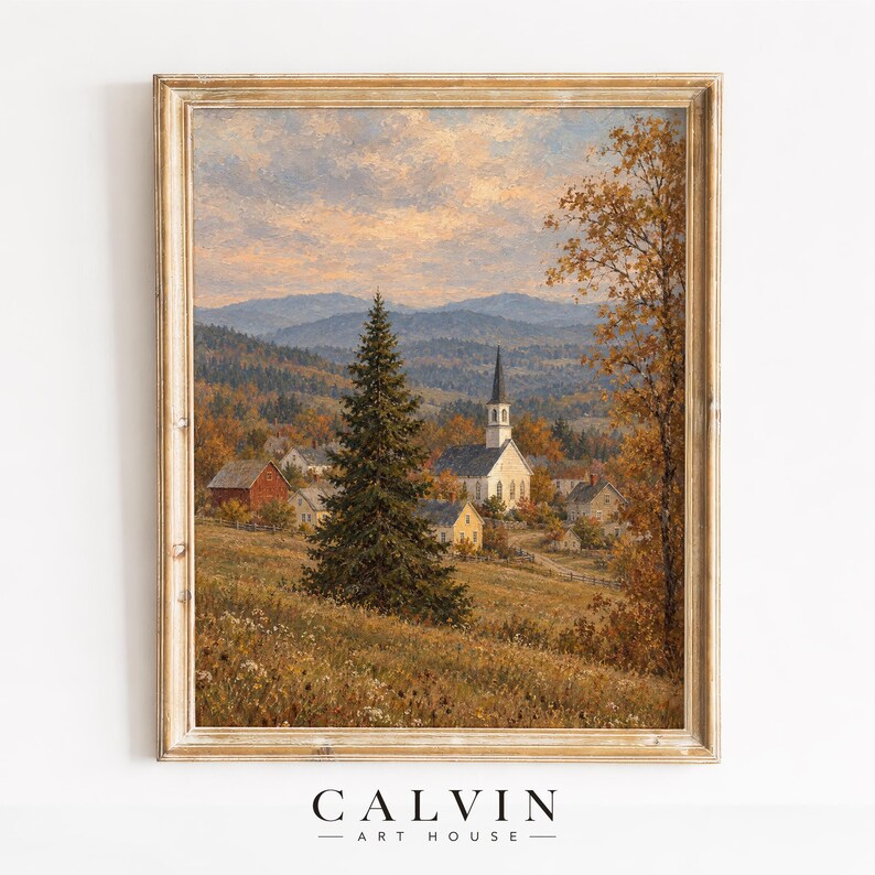 Countryside settlement poster printable art — serene late afternoon light over rolling fields
