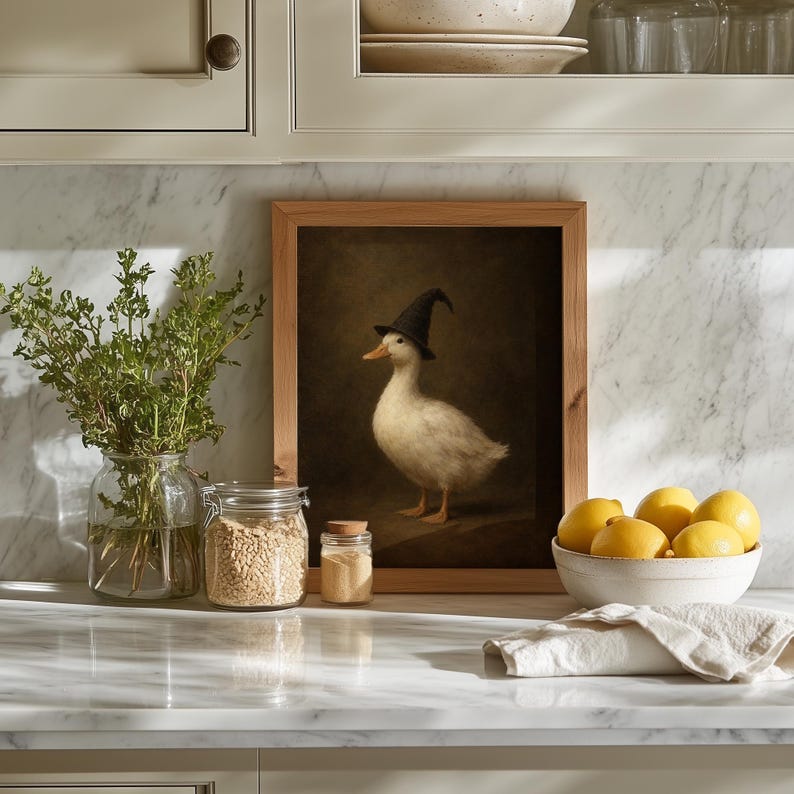 Gothic duck wall art for home office — vintage brushstroke painting with witchy seasonal theme