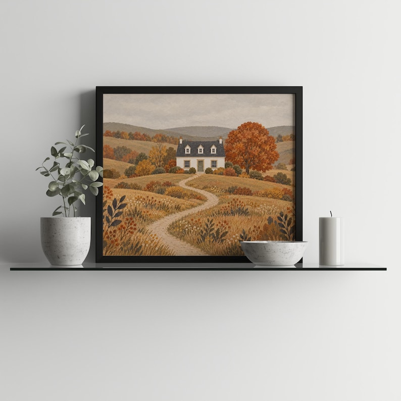 Rustic pathway picture printable for entryway — winding trail through autumn fields to charming cottage