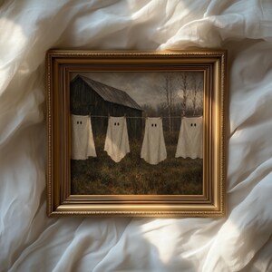 Farmyard phantom clothesline poster printable art — cozy spooky vintage countryside scene with muted palette and rustic autumn mood
