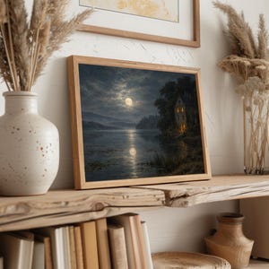 Mystical full moon over water painting printable — atmospheric gothic lakeside estate with textured, vintage brushwork
