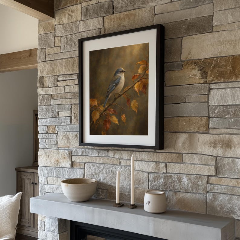 Farmhouse bird printable art — moody rustic wall print with traditional oil painting appearance