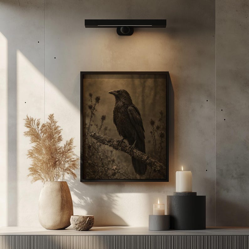 Black bird poster featuring lichen-covered perch — spooky wall art with aged grain texture and misty woodland atmosphere