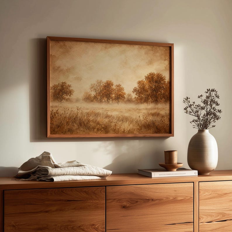 Tranquil autumn grove picture for hallway — cozy farmhouse decor with aged vintage autumn aesthetic