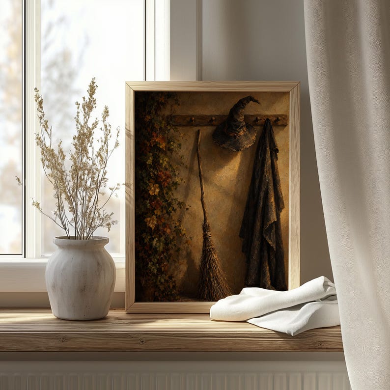 Witchcraft-inspired gallery wall print for library — sophisticated spooky oil painting style