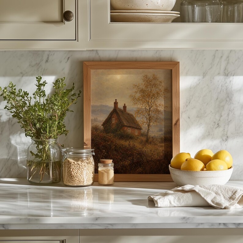 Autumn farmstead digital download wall art featuring soft textured brushwork and warm palette