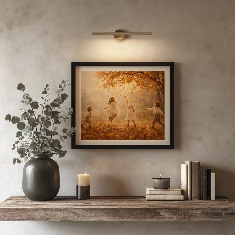 Kids beneath overhanging maple wall decor for family room — classic cottagecore painting capturing childhood wonder and fall beauty