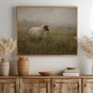 Solitary sheep wall art featuring misty countryside meadow with soft vintage brushwork