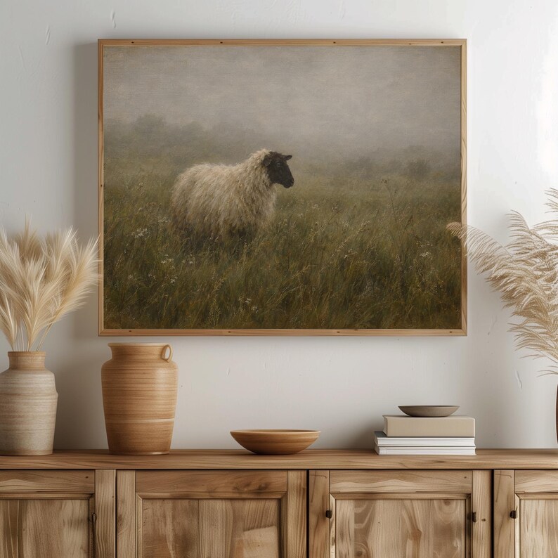 Solitary sheep wall art featuring misty countryside meadow with soft vintage brushwork