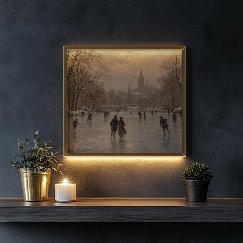 Traditional winter portrait wall decor for entryway — soft-toned skaters gliding across icy water