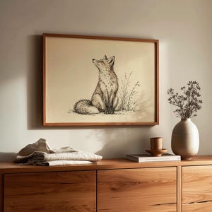 Rustic seated fox artwork for farmhouse — fine-lined sketch on neutral background with botanical accents