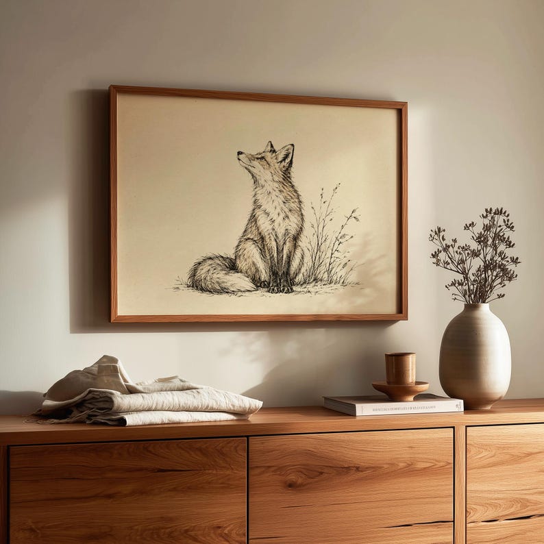 Rustic seated fox artwork for farmhouse — fine-lined sketch on neutral background with botanical accents