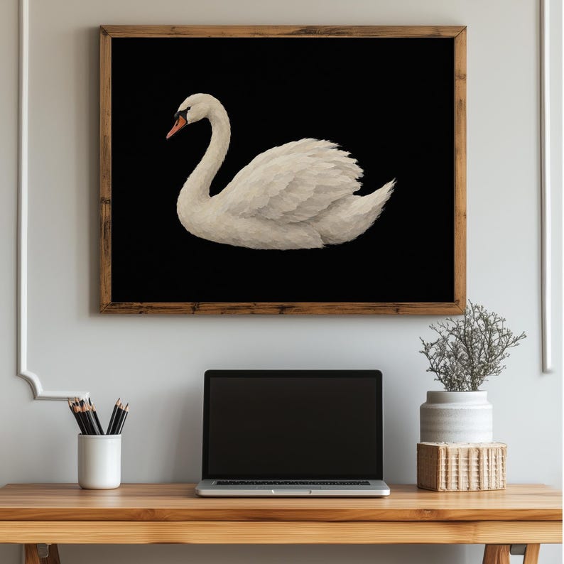 Swan artwork instant download — refined feathered bird with painterly brushwork and neutral tones