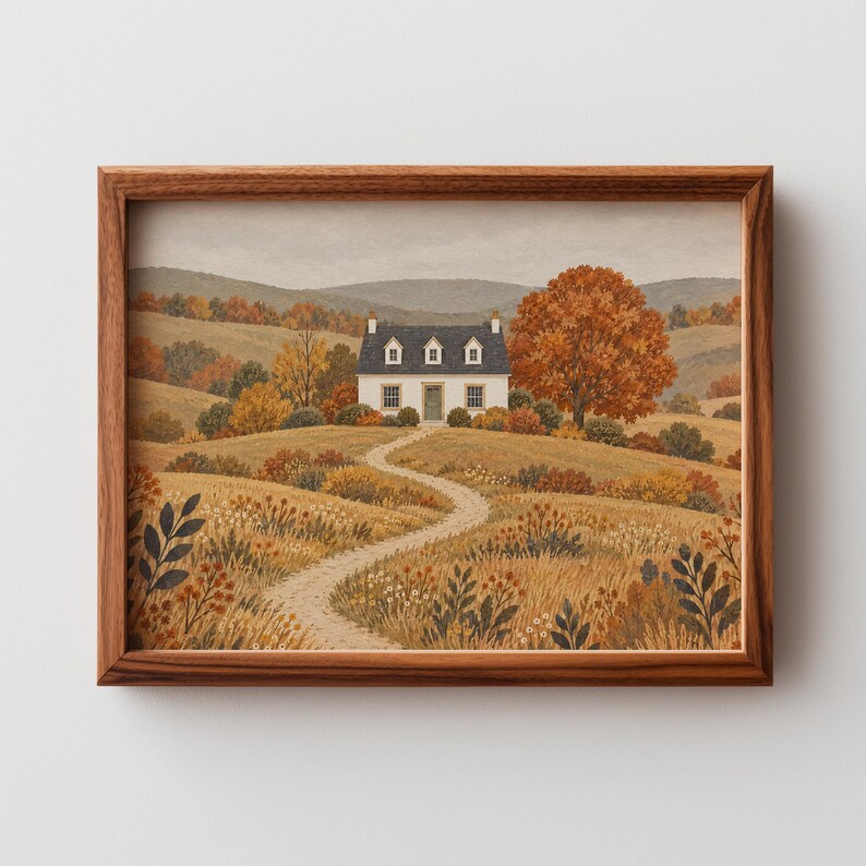 Rural homestead digital print wall art for bedroom — folk-art style cottage with rolling hills and orange tree