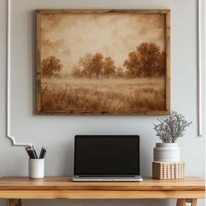 Golden autumn trees printable art for bedroom — misty countryside landscape in warm sepia tones