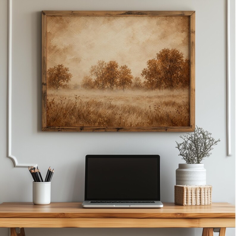 Golden autumn trees printable art for bedroom — misty countryside landscape in warm sepia tones