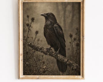 Vintage Gothic Raven Print, Dark Moody Thistle Art Printable Wall Decor (Digital Download)