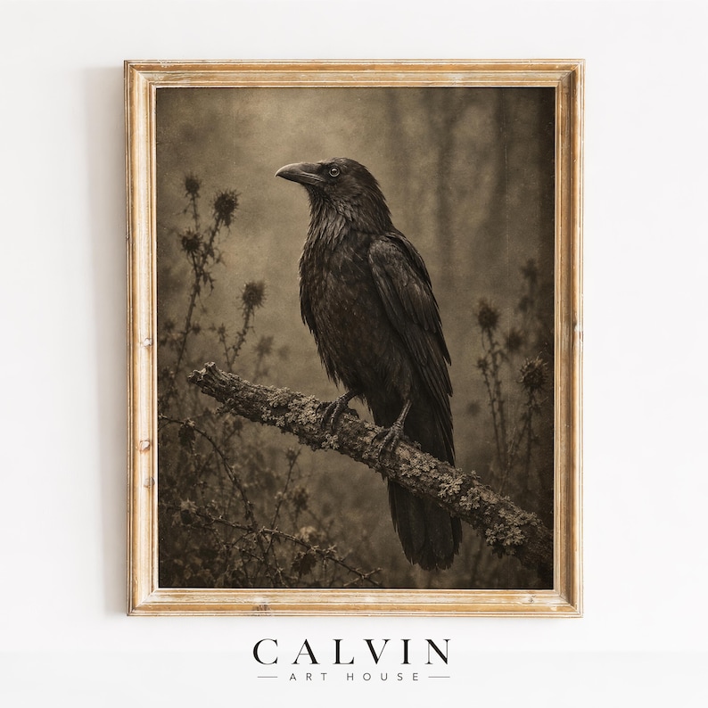 Spooky woodland bird picture instant download — dark vintage-style print with lichen details and dried plant elements