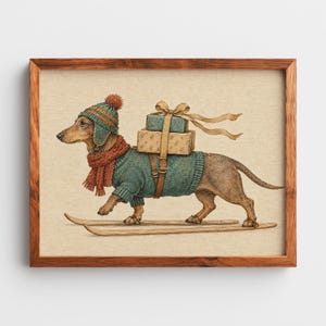 Long-bodied pup with holiday gifts digital artwork — festive seasonal character on neutral tan background