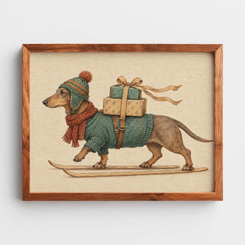Long-bodied pup with holiday gifts digital artwork — festive seasonal character on neutral tan background
