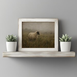 Farmyard sheep poster art — vintage-inspired countryside print with atmospheric misty background