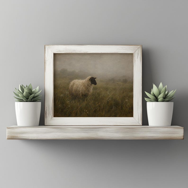 Farmyard sheep poster art — vintage-inspired countryside print with atmospheric misty background