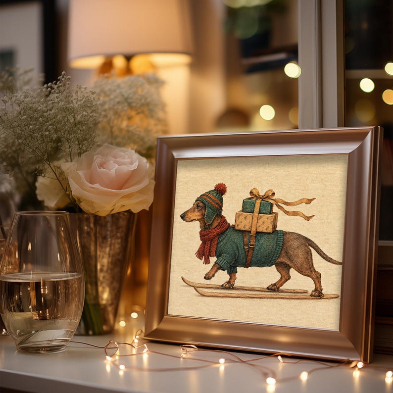 Cute sausage dog with presents wall art — festive ski-themed artwork in muted earthy color palette