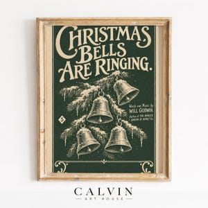Retro holiday bells printable art featuring antique typography and festive farmhouse aesthetic on green background